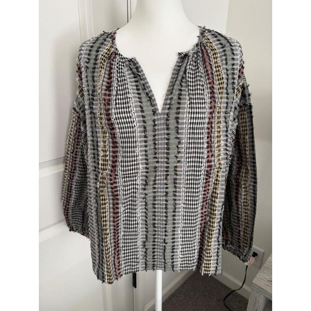 NWT Casual Lou & Grey Black Multi Plaid Boho V Neck‎ Long Sleeve Blouse Size S